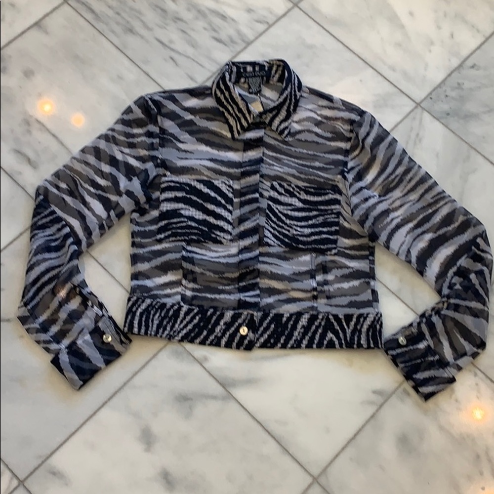 Sheer zebra print button up long sleeve top